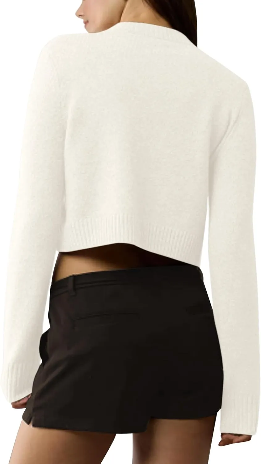 Urban CoCo Women's Crew Neck Cropped Cardigan Sweaters Long Sleeve Open Front Button Down Sweater Jackets