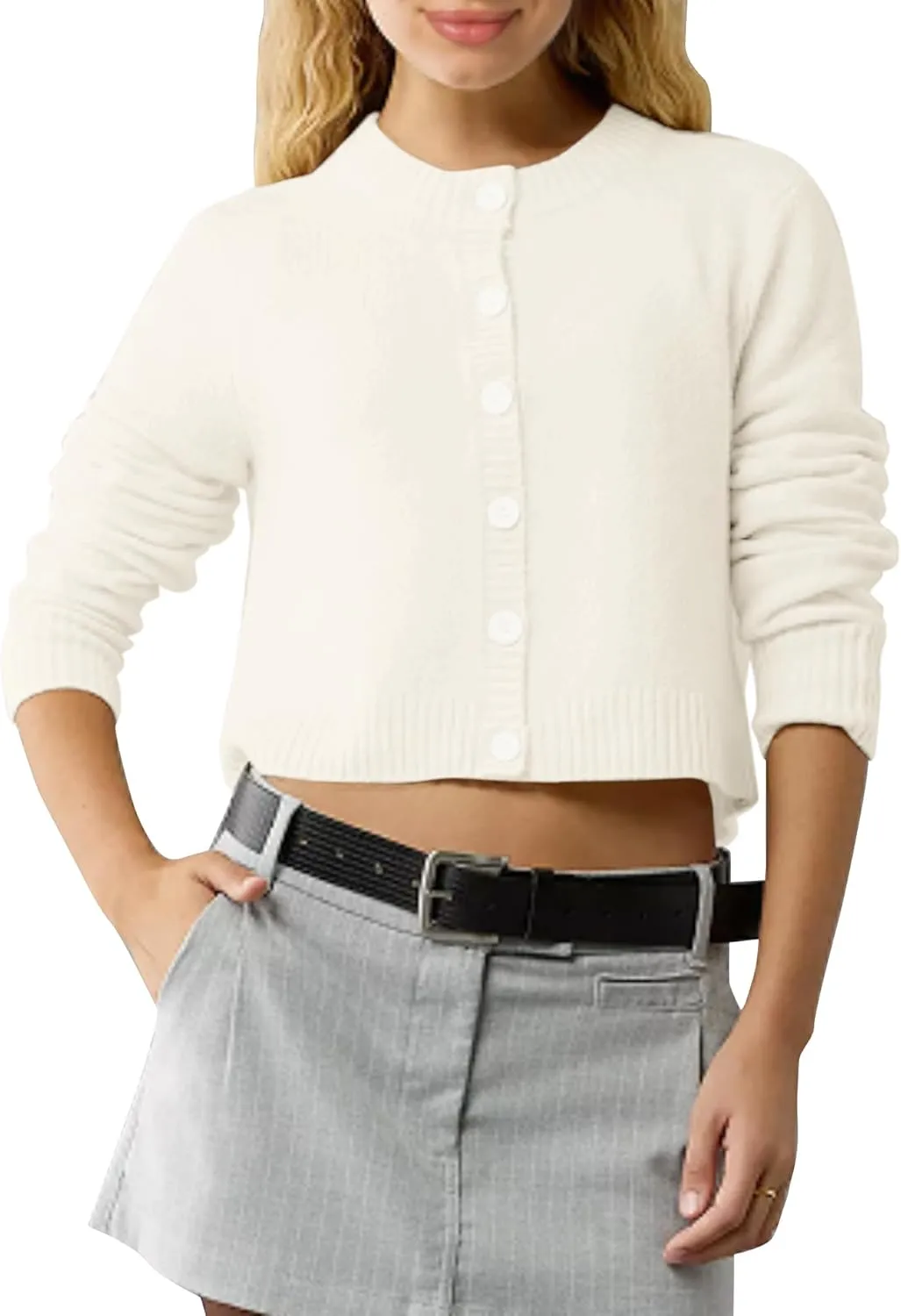 Urban CoCo Women's Crew Neck Cropped Cardigan Sweaters Long Sleeve Open Front Button Down Sweater Jackets