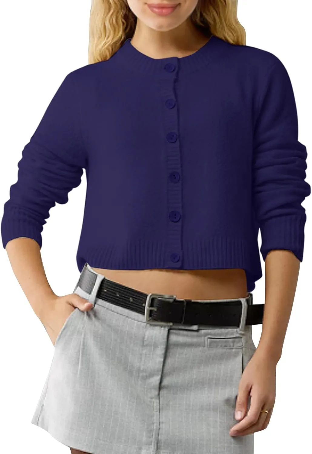 Urban CoCo Women's Crew Neck Cropped Cardigan Sweaters Long Sleeve Open Front Button Down Sweater Jackets