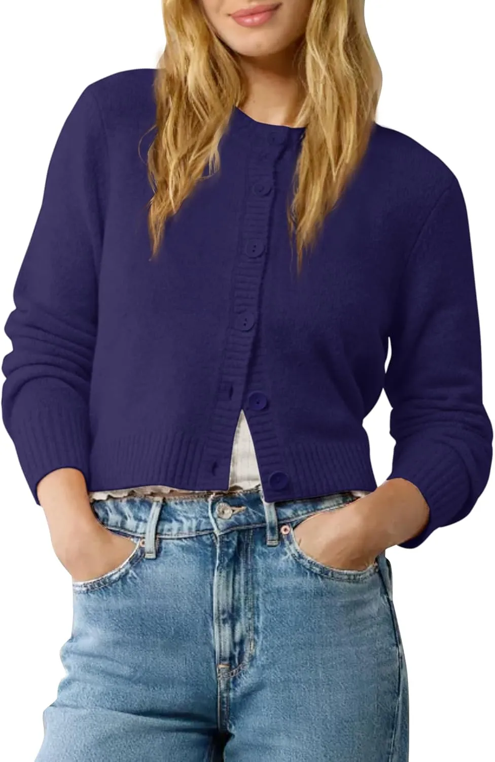 Urban CoCo Women's Crew Neck Cropped Cardigan Sweaters Long Sleeve Open Front Button Down Sweater Jackets