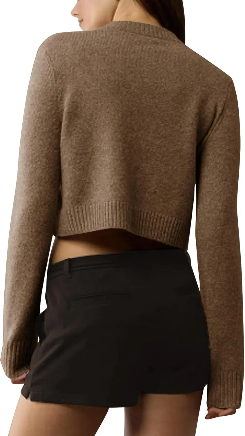 Urban CoCo Women's Crew Neck Cropped Cardigan Sweaters Long Sleeve Open Front Button Down Sweater Jackets