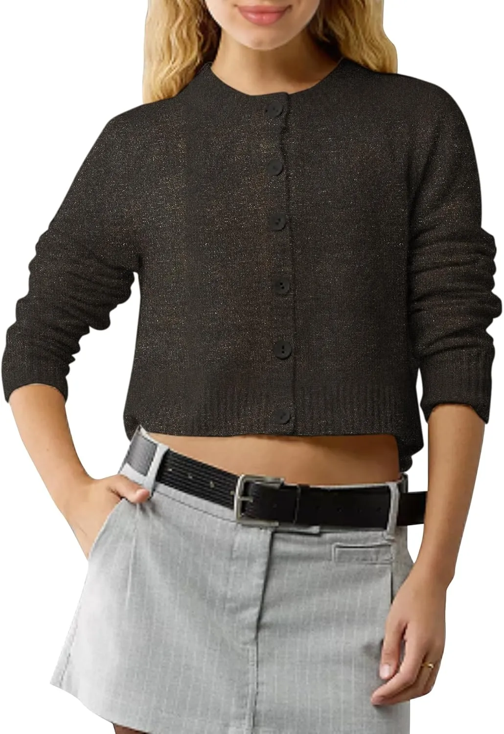 Urban CoCo Women's Crew Neck Cropped Cardigan Sweaters Long Sleeve Open Front Button Down Sweater Jackets