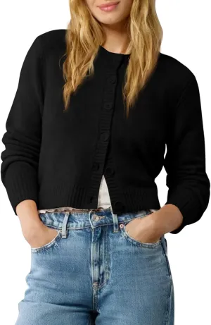 Urban CoCo Women's Crew Neck Cropped Cardigan Sweaters Long Sleeve Open Front Button Down Sweater Jackets