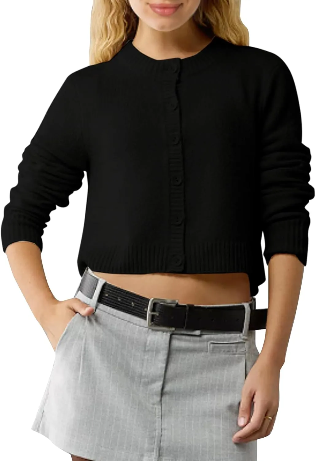 Urban CoCo Women's Crew Neck Cropped Cardigan Sweaters Long Sleeve Open Front Button Down Sweater Jackets