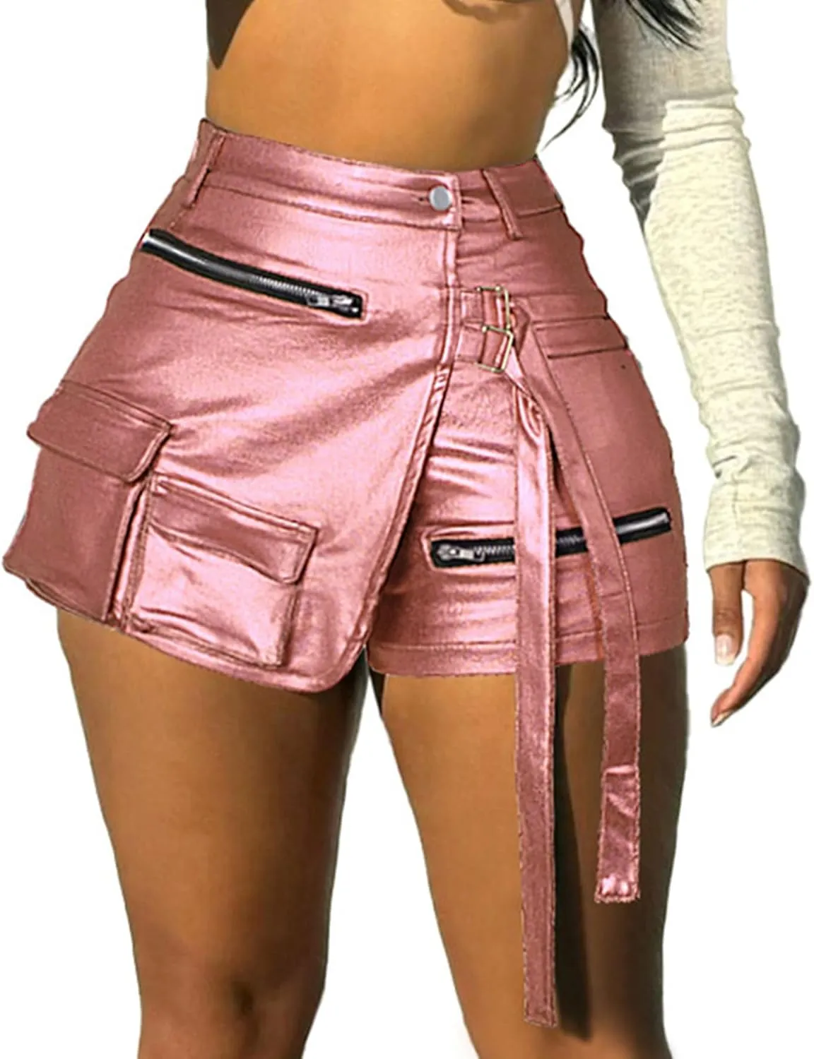 Vakkest Women's Metallic Cargo Shorts Summer PU Leather Irregular Split with Pockets Stretchy Y2K Streetwear Skirt Skorts