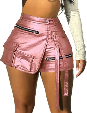 Vakkest Women's Metallic Cargo Shorts Summer PU Leather Irregular Split with Pockets Stretchy Y2K Streetwear Skirt Skorts