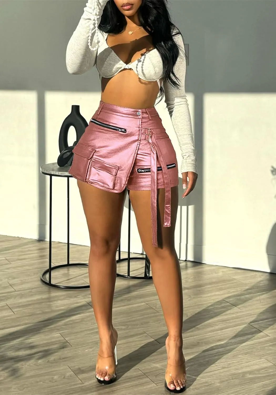 Vakkest Women's Metallic Cargo Shorts Summer PU Leather Irregular Split with Pockets Stretchy Y2K Streetwear Skirt Skorts