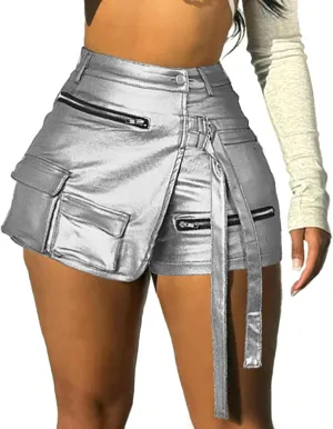 Vakkest Women's Metallic Cargo Shorts Summer PU Leather Irregular Split with Pockets Stretchy Y2K Streetwear Skirt Skorts