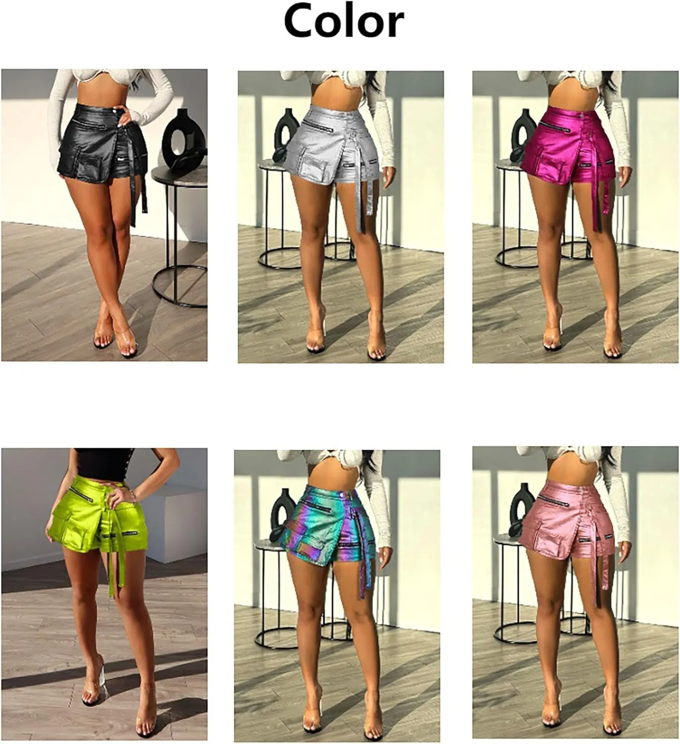 Vakkest Women's Metallic Cargo Shorts Summer PU Leather Irregular Split with Pockets Stretchy Y2K Streetwear Skirt Skorts