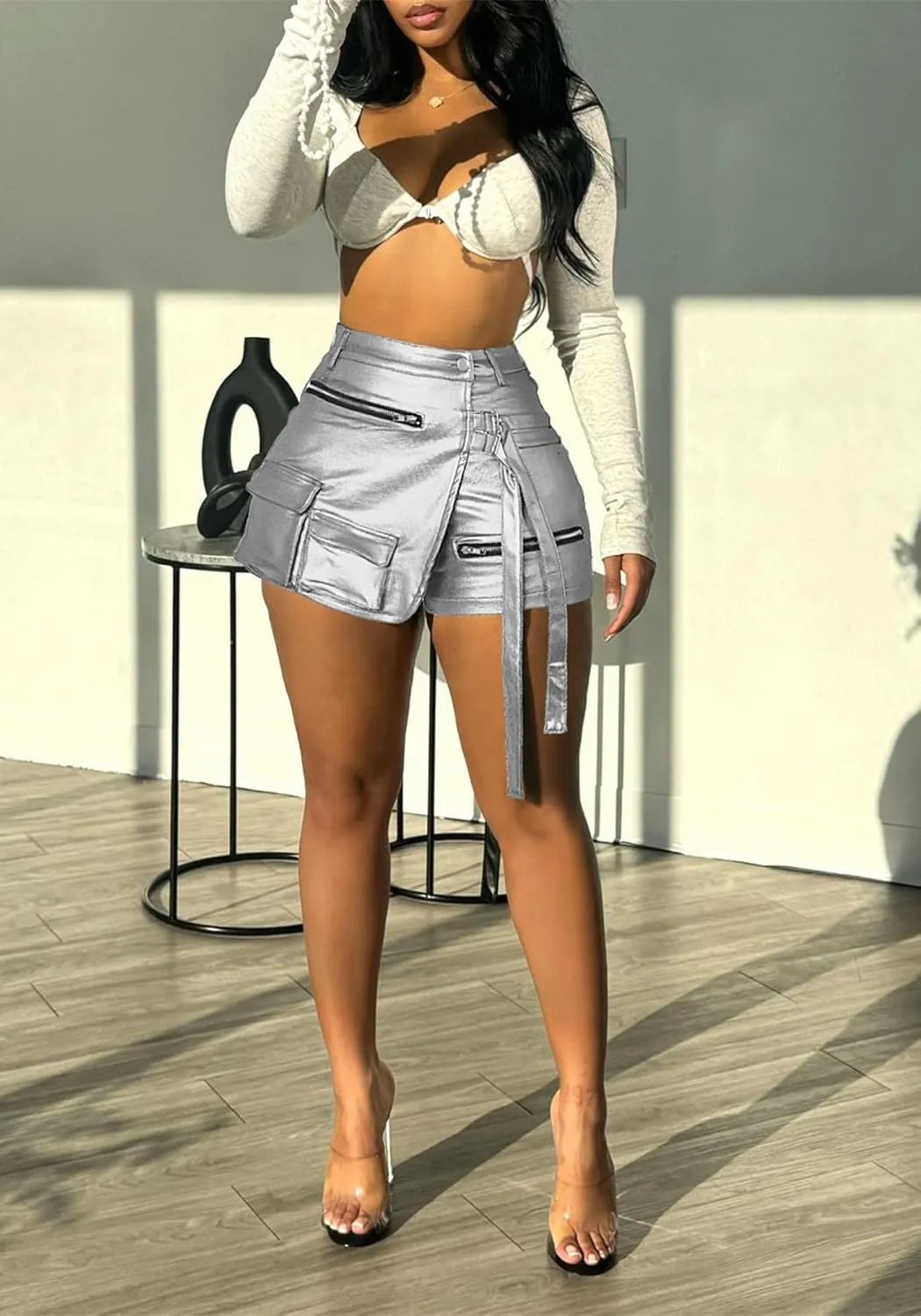 Vakkest Women's Metallic Cargo Shorts Summer PU Leather Irregular Split with Pockets Stretchy Y2K Streetwear Skirt Skorts