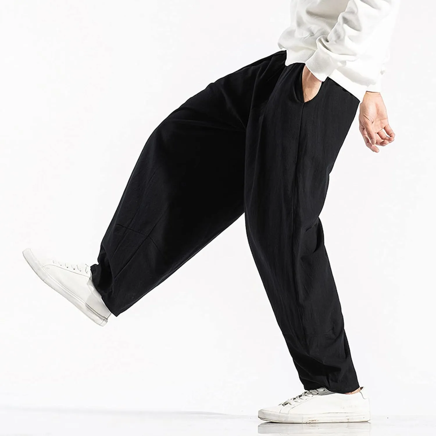 WENKOMG1 Cotton Linen Trousers for Men,Drawstring Baggy Style Yoga Pants Loose Fit Bottoms Lightweight Breathable Slacks