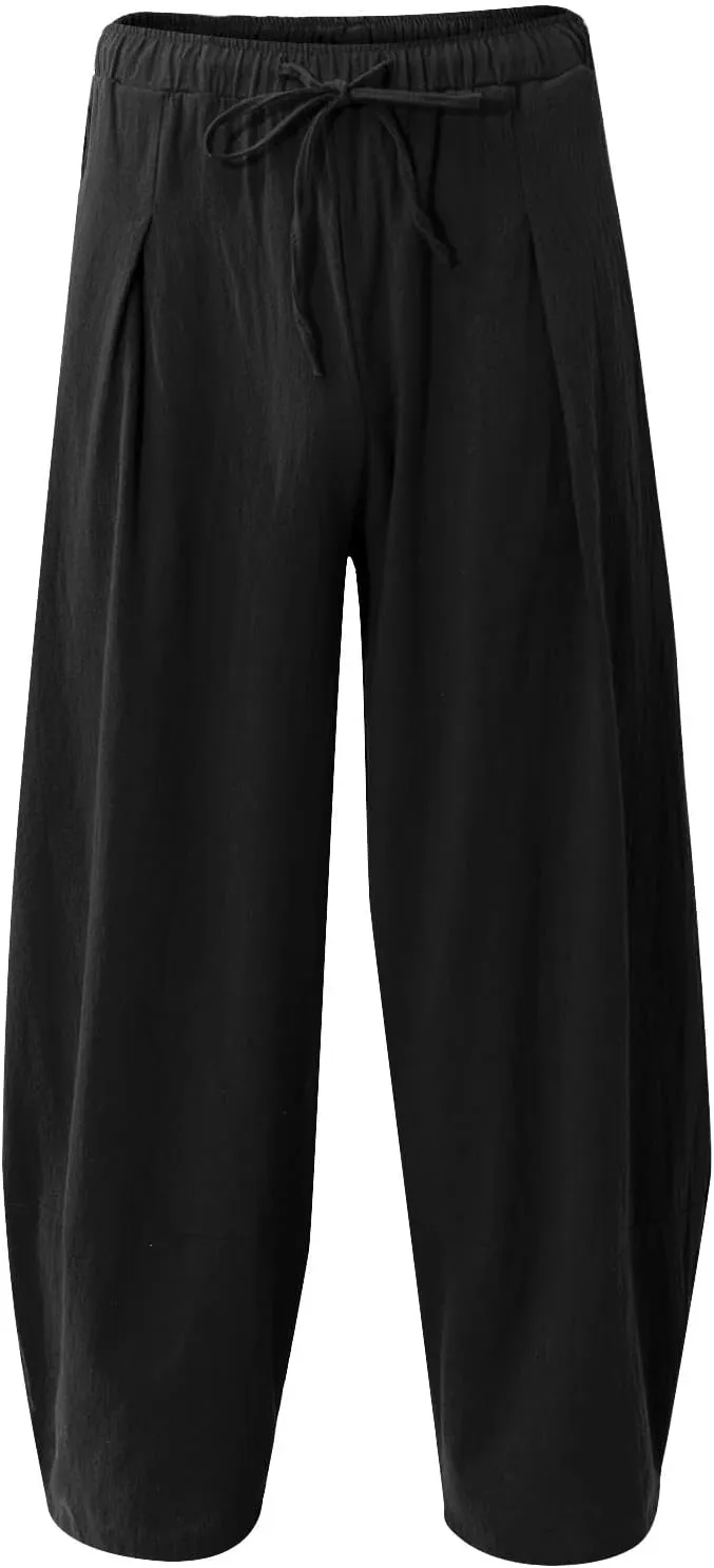 WENKOMG1 Cotton Linen Trousers for Men,Drawstring Baggy Style Yoga Pants Loose Fit Bottoms Lightweight Breathable Slacks