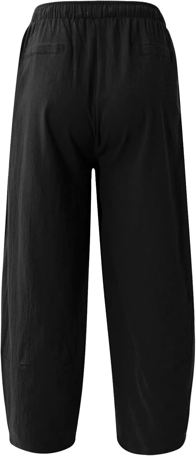 WENKOMG1 Cotton Linen Trousers for Men,Drawstring Baggy Style Yoga Pants Loose Fit Bottoms Lightweight Breathable Slacks