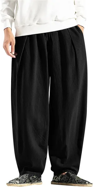 WENKOMG1 Cotton Linen Trousers for Men,Drawstring Baggy Style Yoga Pants Loose Fit Bottoms Lightweight Breathable Slacks