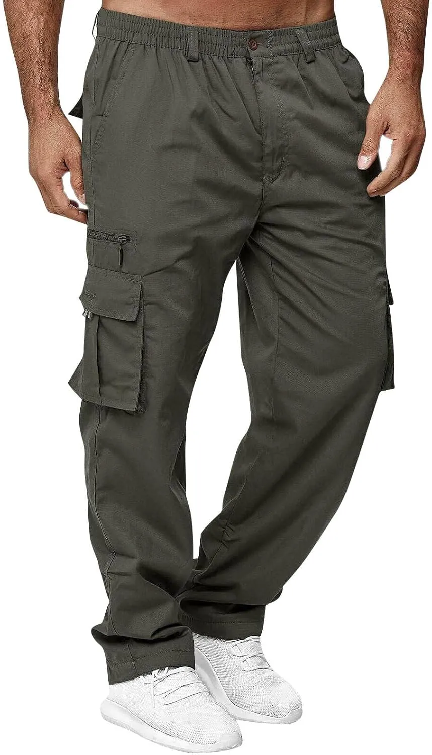 WENKOMG1 Mens Casual Cargo Pants Lightweight Multi Pockets Tactical Pants Straight Leg Breathable Summer Workwear