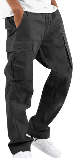 WENKOMG1 Mens Cotton Cargo Pants,Solid Elastic Waist Straight Leg Slacks Drawstring Trousers Slim Fit Bottoms for Men