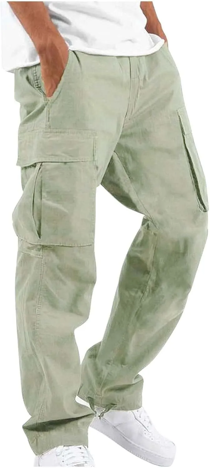 WENKOMG1 Mens Cotton Cargo Pants,Solid Elastic Waist Straight Leg Slacks Drawstring Trousers Slim Fit Bottoms for Men