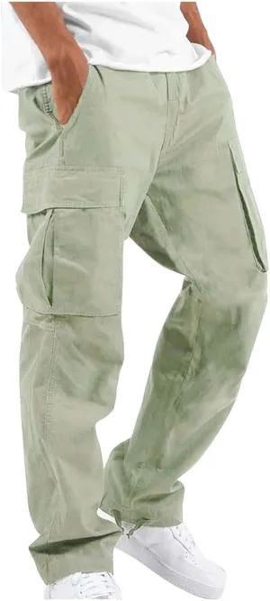 WENKOMG1 Mens Cotton Cargo Pants,Solid Elastic Waist Straight Leg Slacks Drawstring Trousers Slim Fit Bottoms for Men