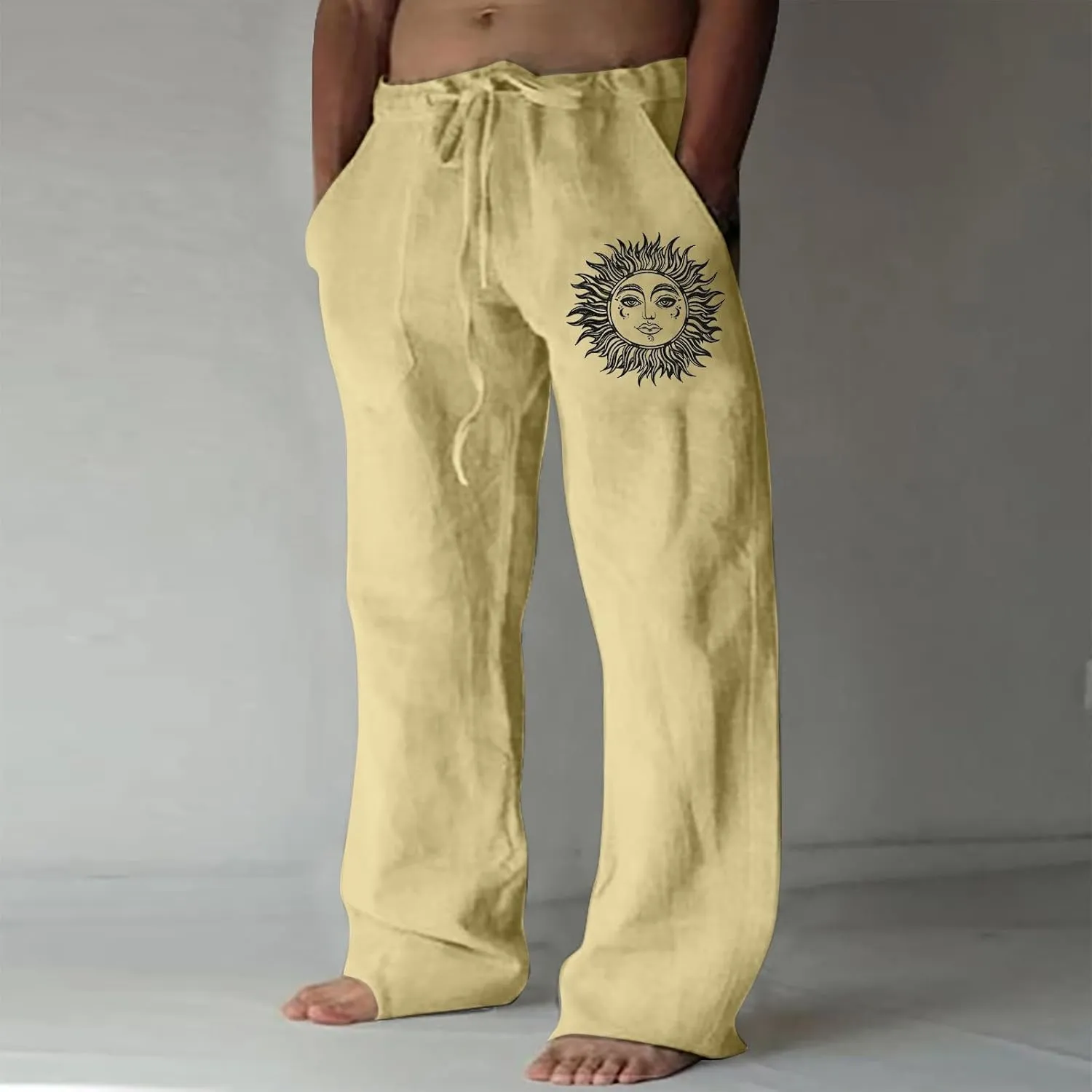 WENKOMG1 Mens Cotton Linen Pants,Wide Leg Drawstring Closure Pull On Trousers Loose Fit Baggy Lounge Wide Leg Bottoms