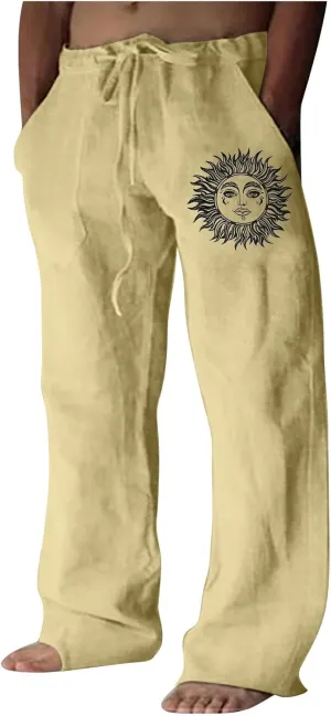 WENKOMG1 Mens Cotton Linen Pants,Wide Leg Drawstring Closure Pull On Trousers Loose Fit Baggy Lounge Wide Leg Bottoms