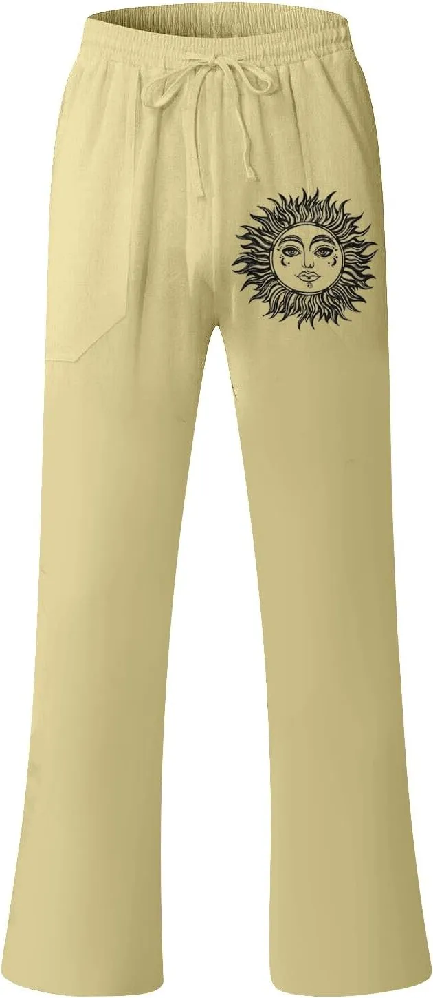 WENKOMG1 Mens Cotton Linen Pants,Wide Leg Drawstring Closure Pull On Trousers Loose Fit Baggy Lounge Wide Leg Bottoms