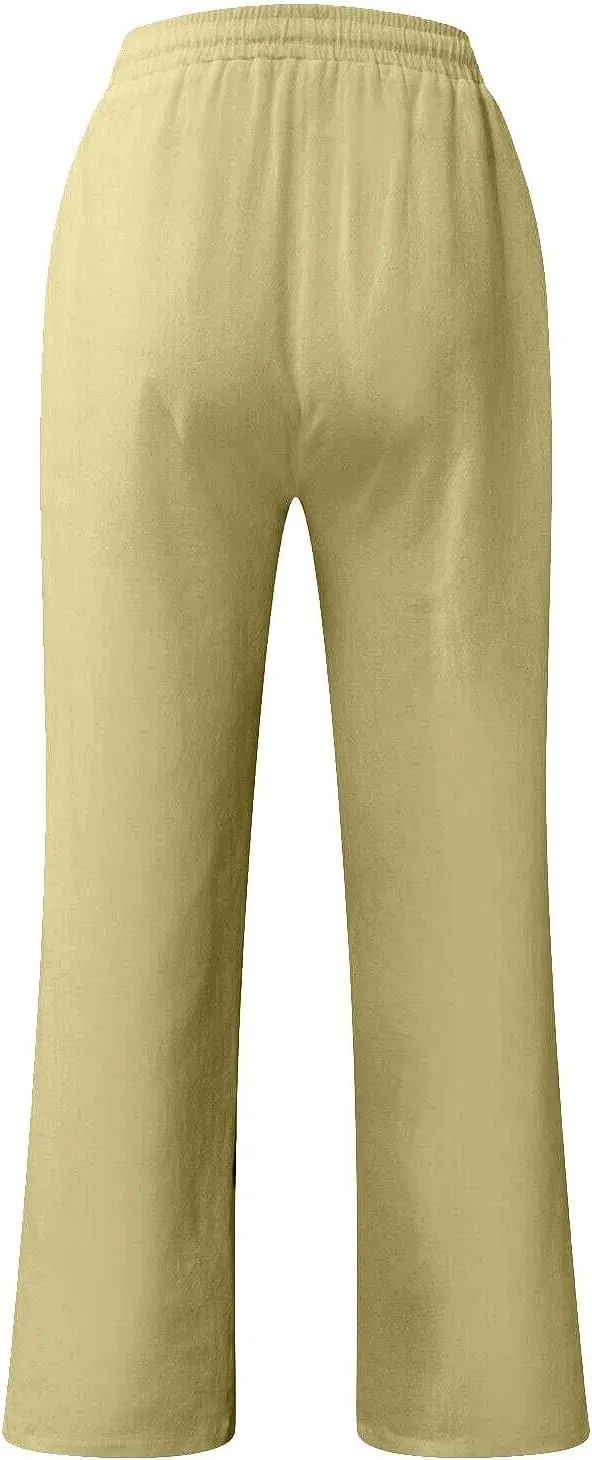 WENKOMG1 Mens Cotton Linen Pants,Wide Leg Drawstring Closure Pull On Trousers Loose Fit Baggy Lounge Wide Leg Bottoms