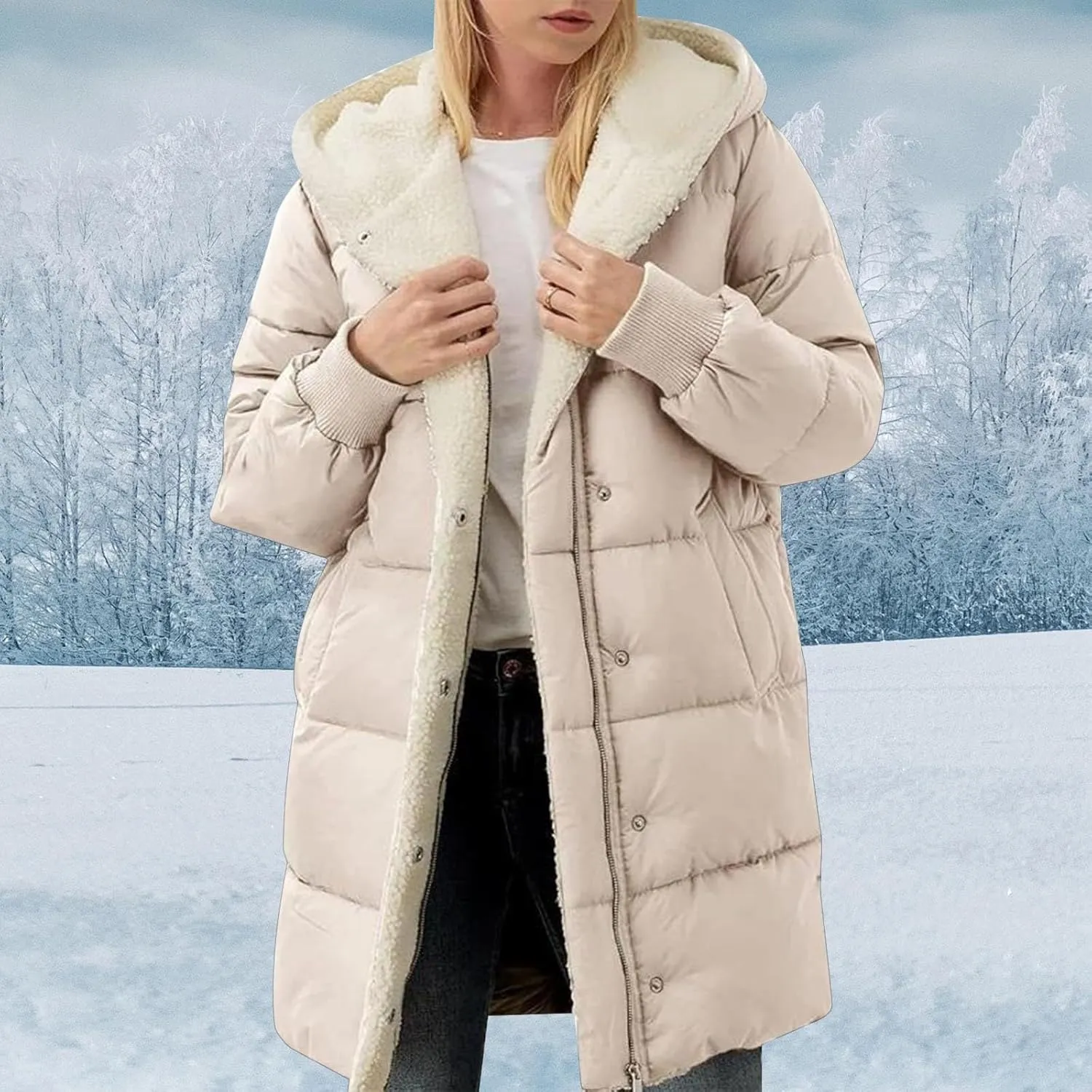 Winter Warm Coats for Women Warm Down Jacket Sherpa Fleece Lined Long Hooded Puffer Jacket Winter Fashion Clothes