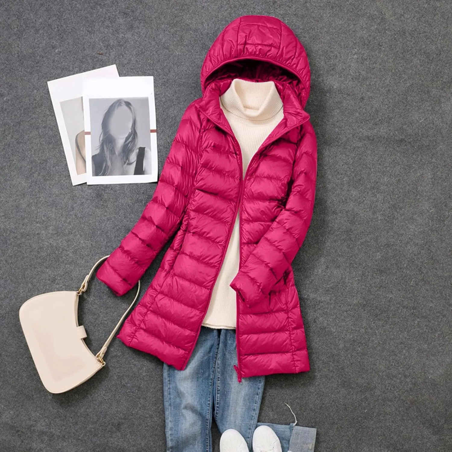Winter Warm Jacket Womens Puffer Jacket Packable Down Jacket Lightweight Slim Fit Hooded Winter Coat with Pocket