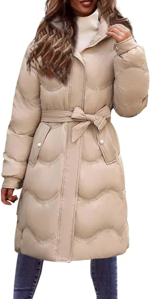 Women Down Jacket Thickened Knee-Length Quilted Puffer Jackets Warm Padded Winter Coat Hoodies Outerwear with Pockets