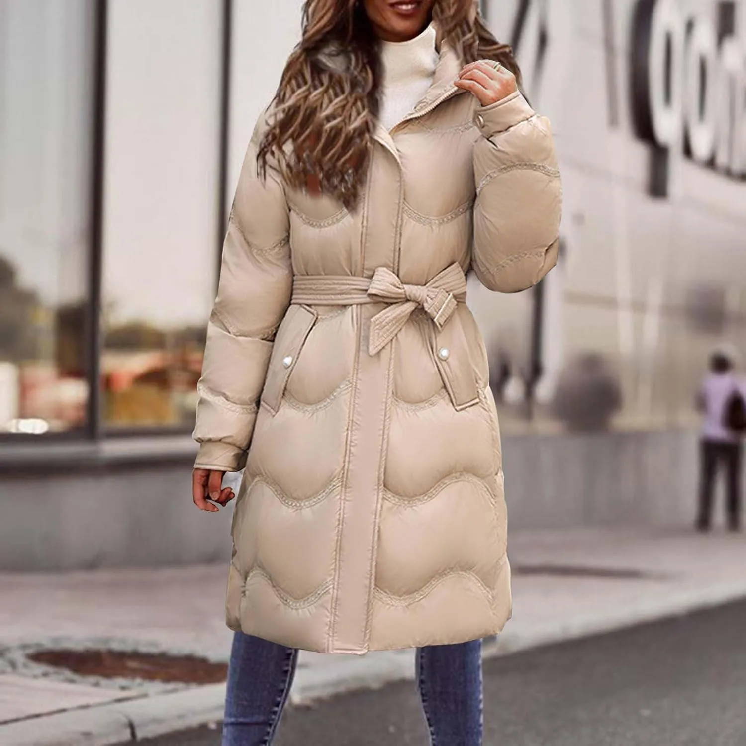 Women Down Jacket Thickened Knee-Length Quilted Puffer Jackets Warm Padded Winter Coat Hoodies Outerwear with Pockets