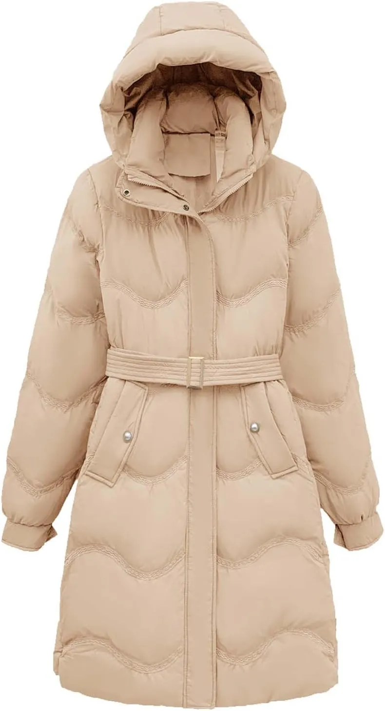 Women Down Jacket Thickened Knee-Length Quilted Puffer Jackets Warm Padded Winter Coat Hoodies Outerwear with Pockets