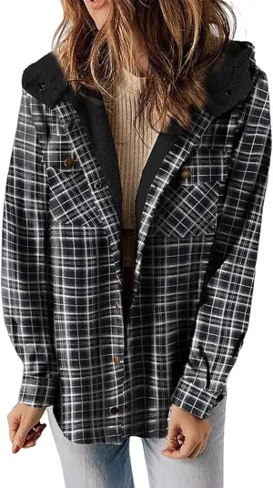 Women Flannel Plaid Shacket Jacket Sherpa Lined Jacket Casual Long Sleeve Button Down Fleece Hooded Jackets Outwear