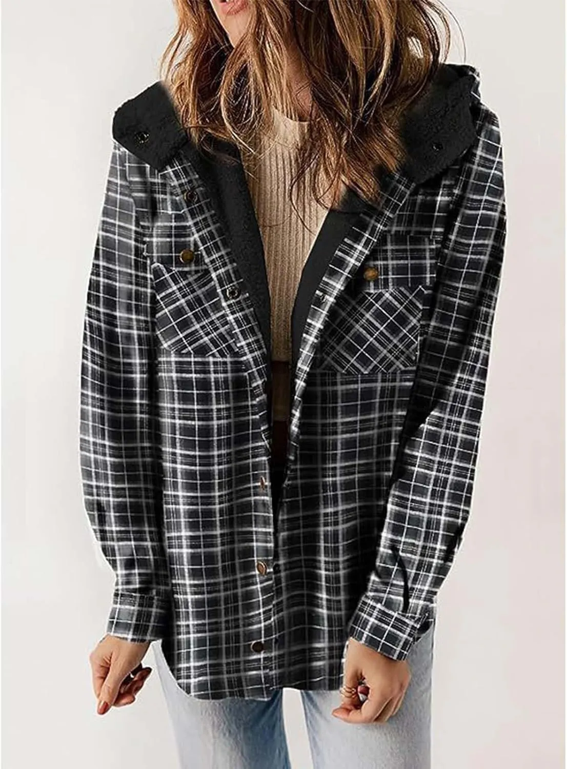 Women Flannel Plaid Shacket Jacket Sherpa Lined Jacket Casual Long Sleeve Button Down Fleece Hooded Jackets Outwear