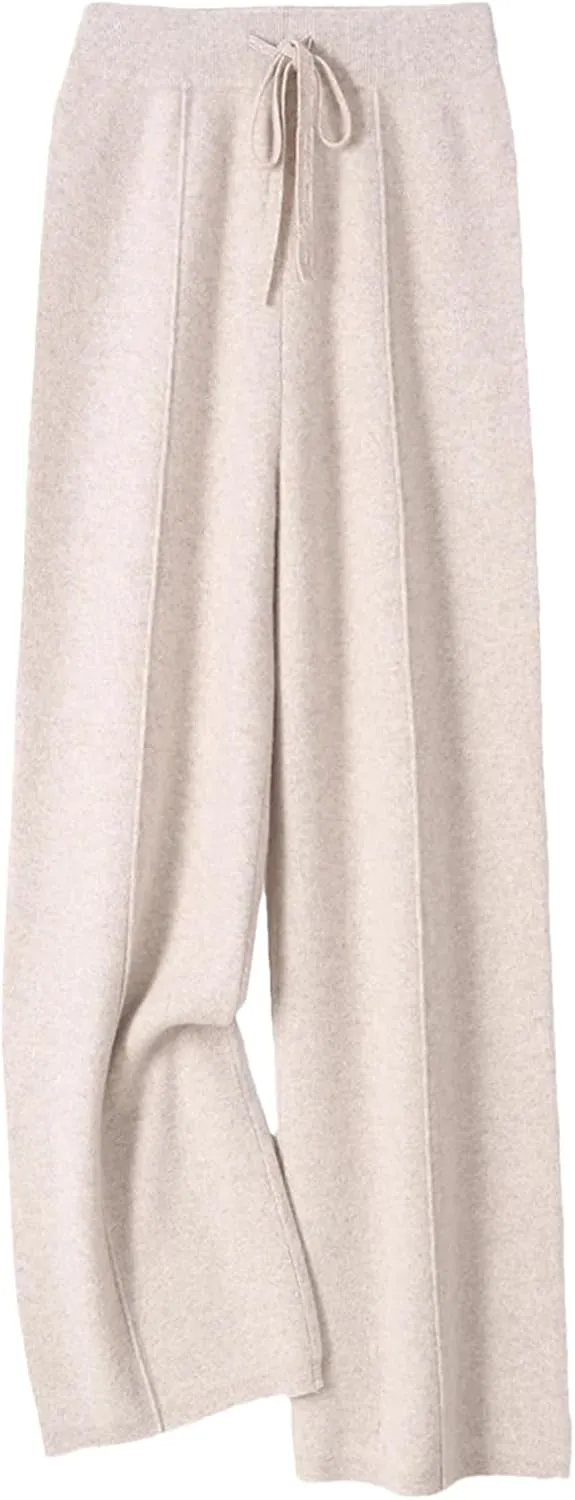 Women’s 100 Percent Merino Wool Wide-Leg Pants Autumn Winter Soft Warm Knit Trousers