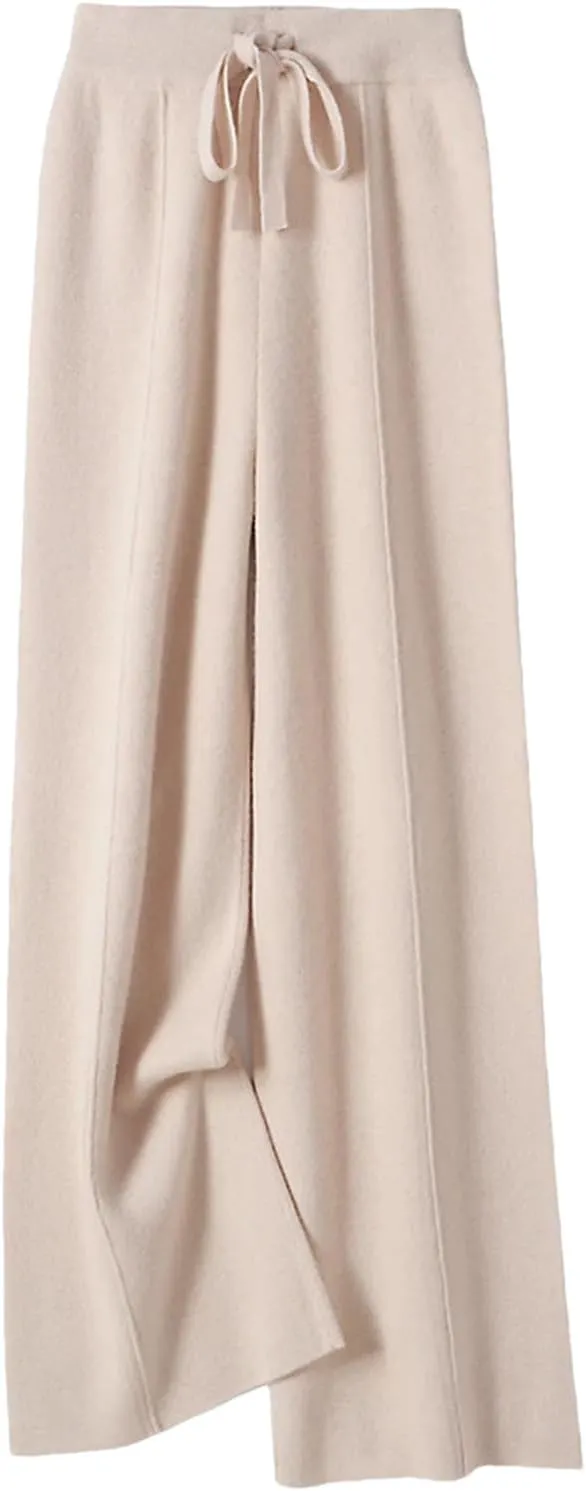 Women’s 100 Percent Merino Wool Wide-Leg Pants Autumn Winter Soft Warm Knit Trousers