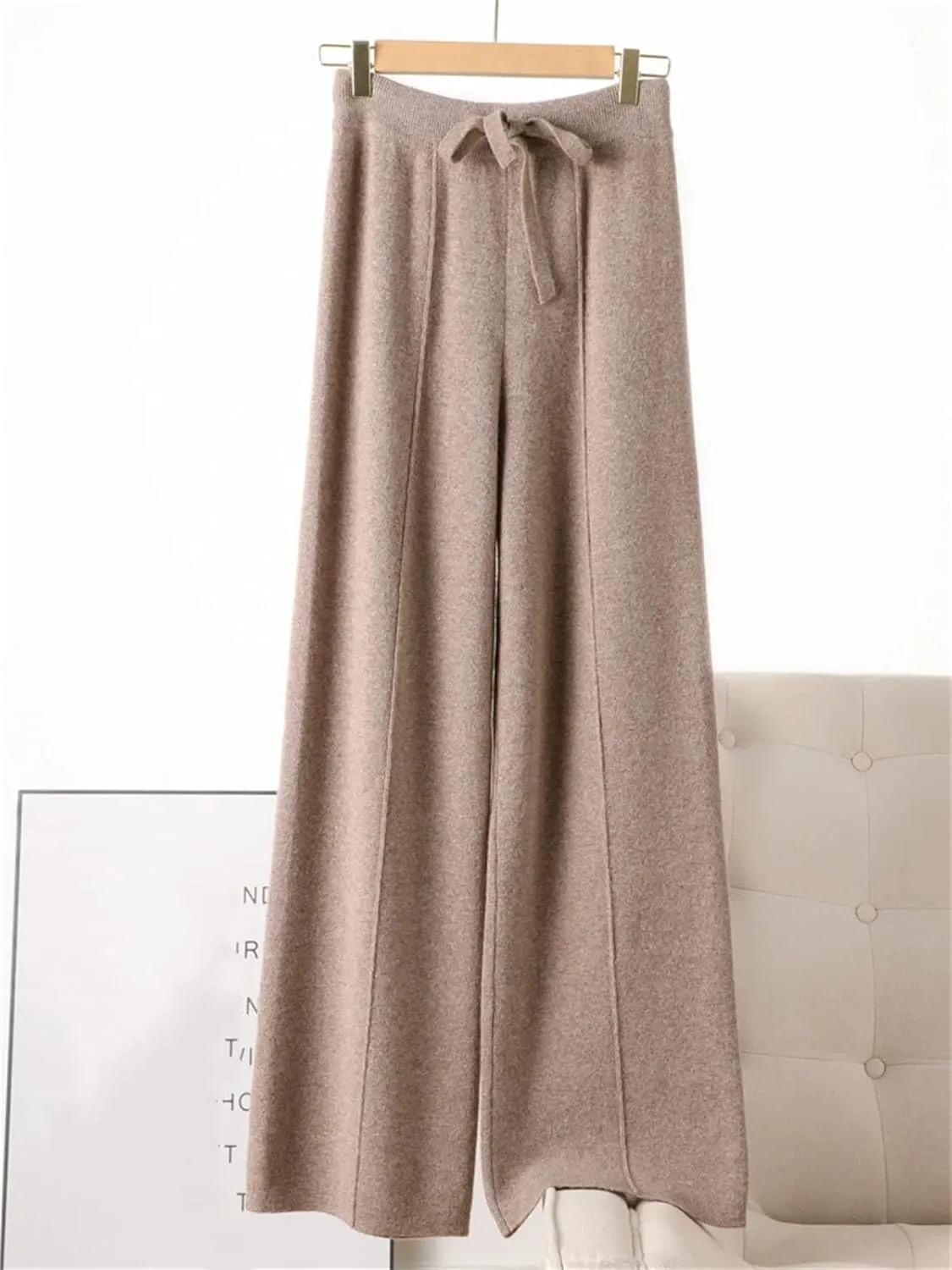 Women’s 100 Percent Merino Wool Wide-Leg Pants Autumn Winter Soft Warm Knit Trousers