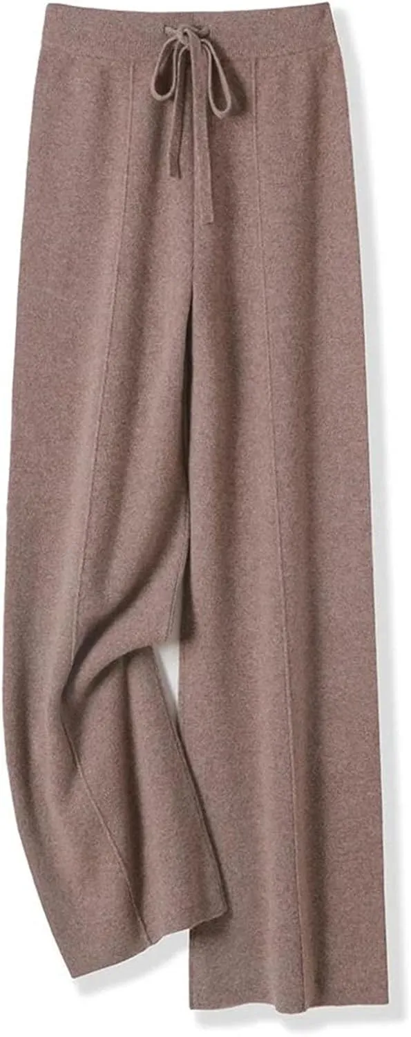 Women’s 100 Percent Merino Wool Wide-Leg Pants Autumn Winter Soft Warm Knit Trousers