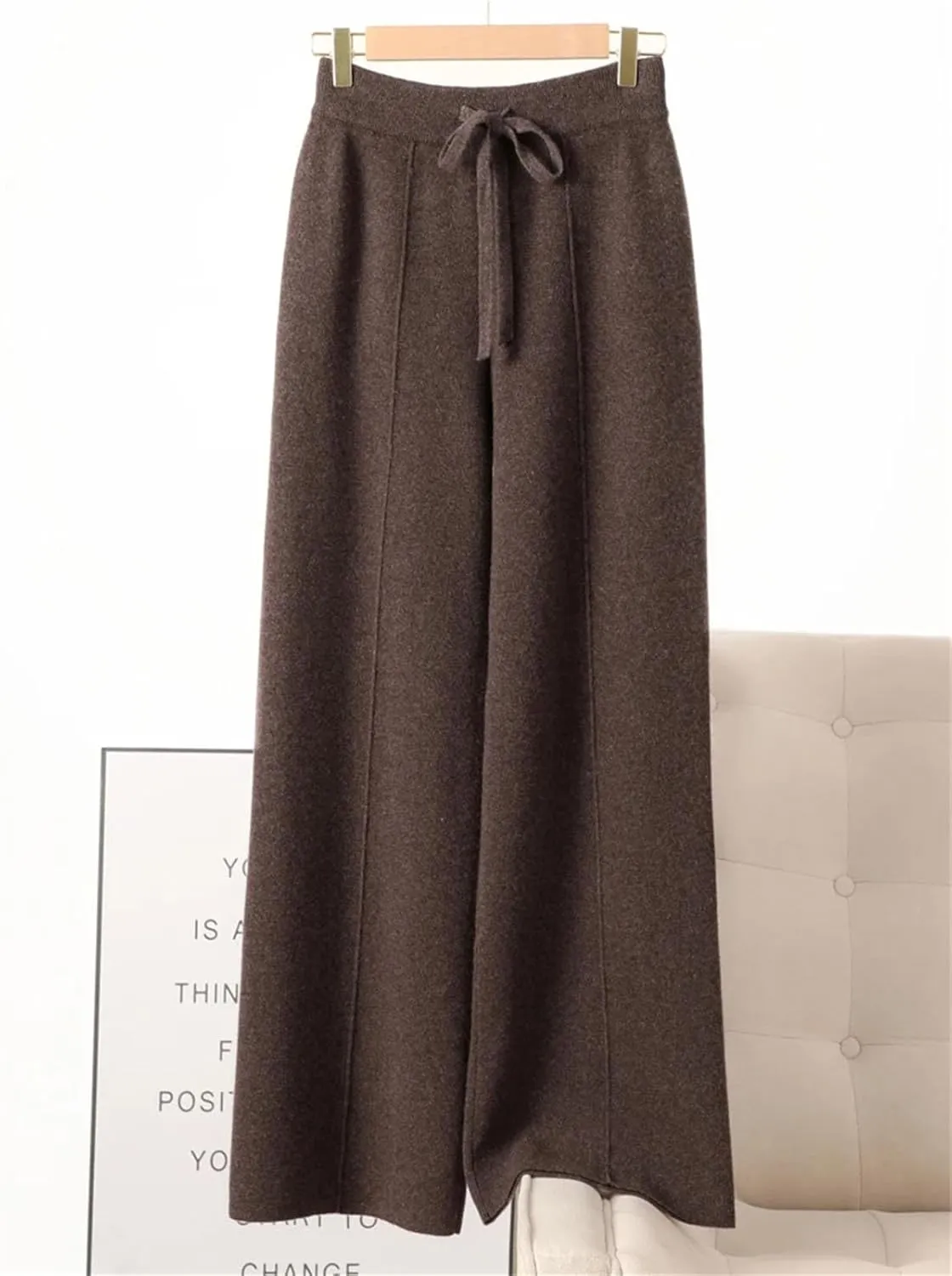 Women’s 100 Percent Merino Wool Wide-Leg Pants Autumn Winter Soft Warm Knit Trousers