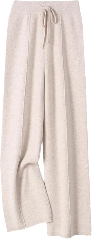 Women’s 100 Percent Merino Wool Wide-Leg Pants Autumn Winter Soft Warm Knit Trousers