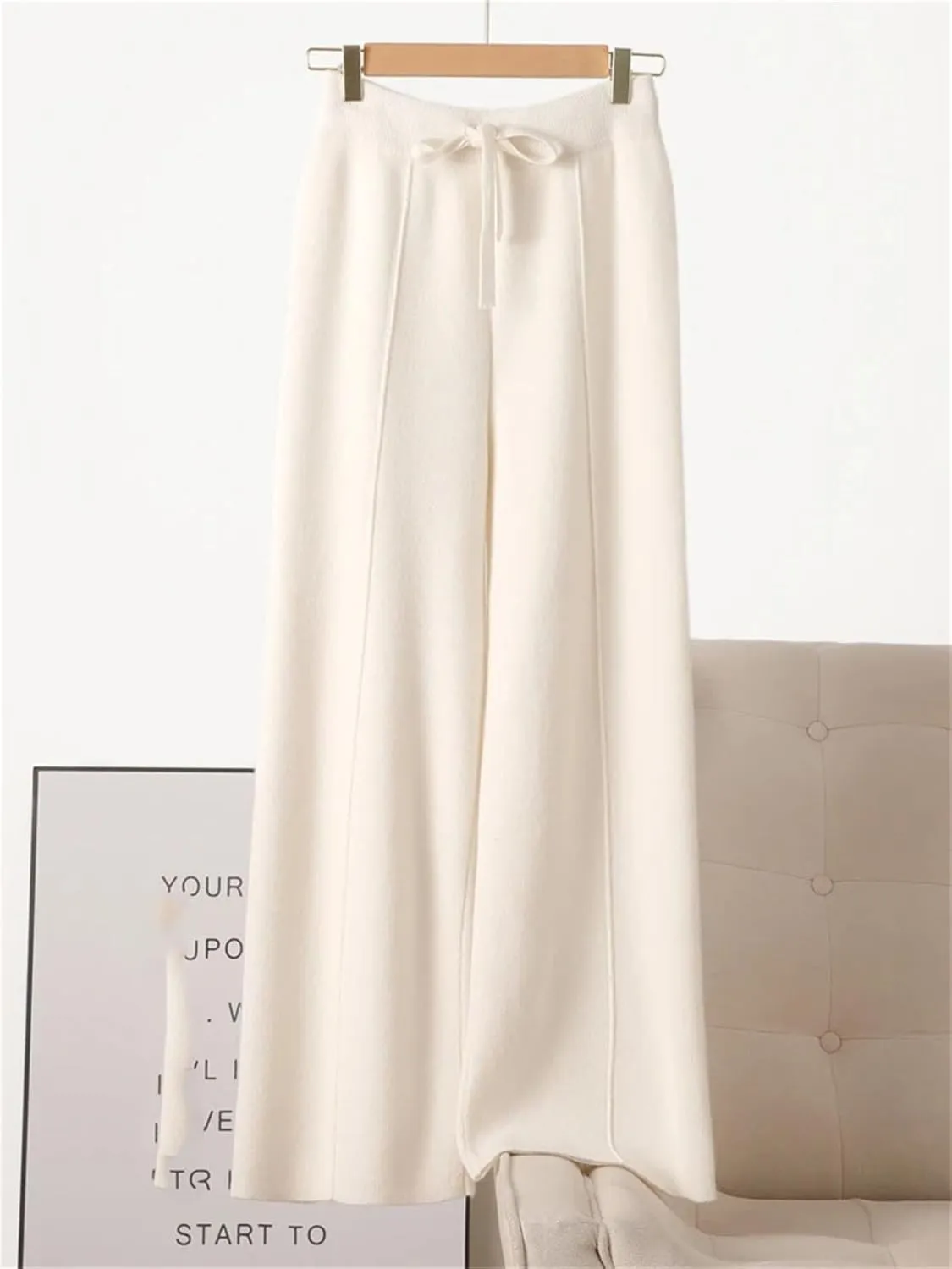 Women’s 100 Percent Merino Wool Wide-Leg Pants Autumn Winter Soft Warm Knit Trousers
