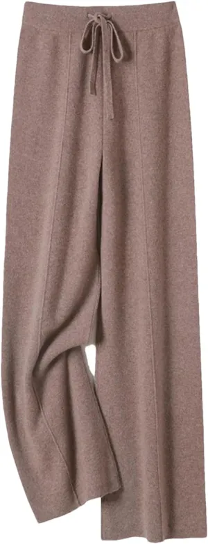 Women’s 100 Percent Merino Wool Wide-Leg Pants Autumn Winter Soft Warm Knit Trousers