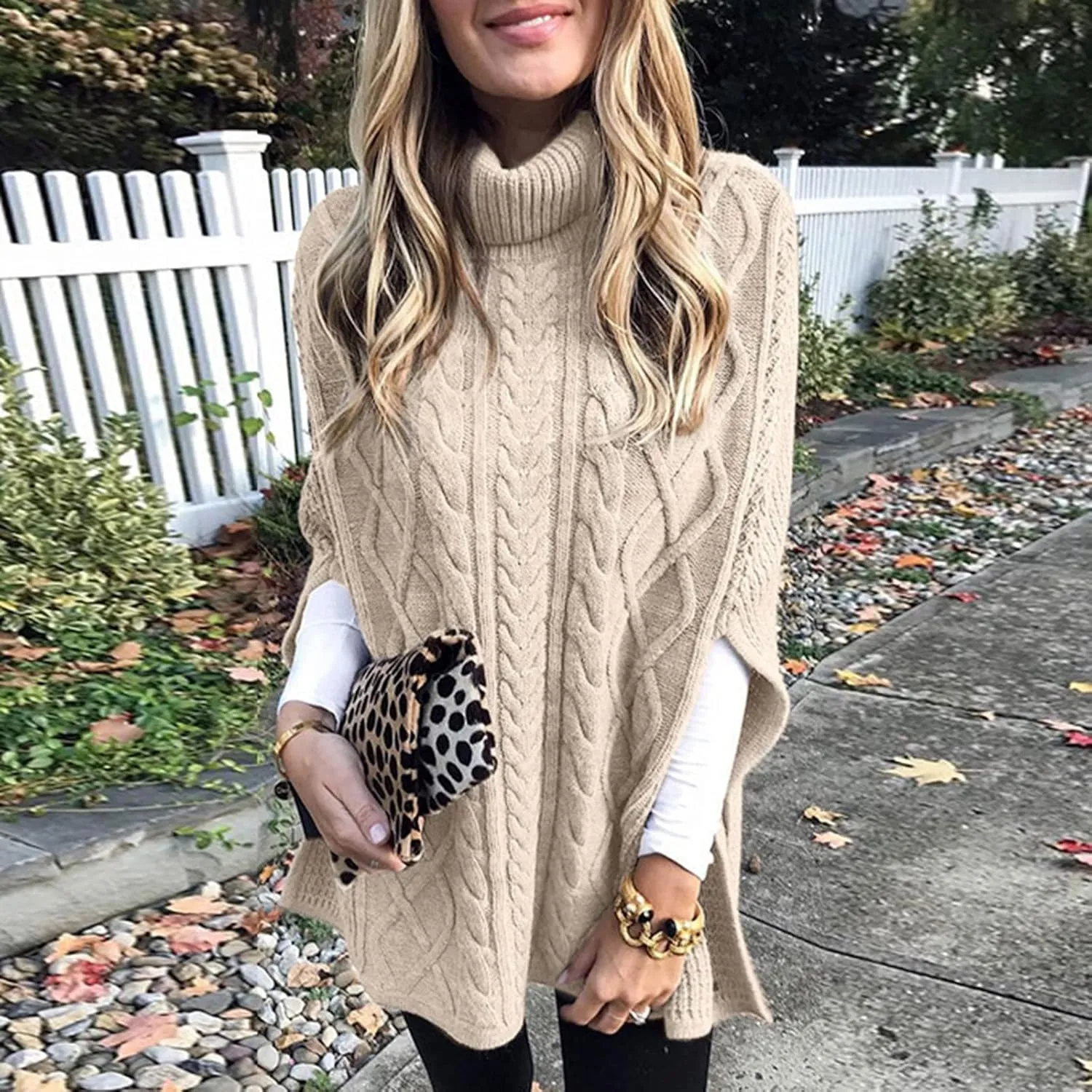 Womens 2023 Cable Knit Turtleneck Poncho Sweater Elegant Chunky Loose Cape Wrap Sweaters Pullover Chic Jumper Tops