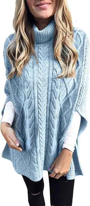 Womens 2023 Cable Knit Turtleneck Poncho Sweater Elegant Chunky Loose Cape Wrap Sweaters Pullover Chic Jumper Tops