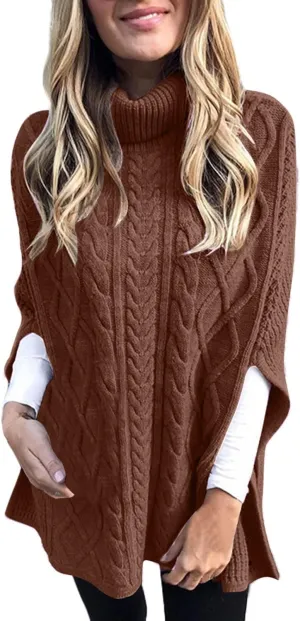 Womens 2023 Cable Knit Turtleneck Poncho Sweater Elegant Chunky Loose Cape Wrap Sweaters Pullover Chic Jumper Tops