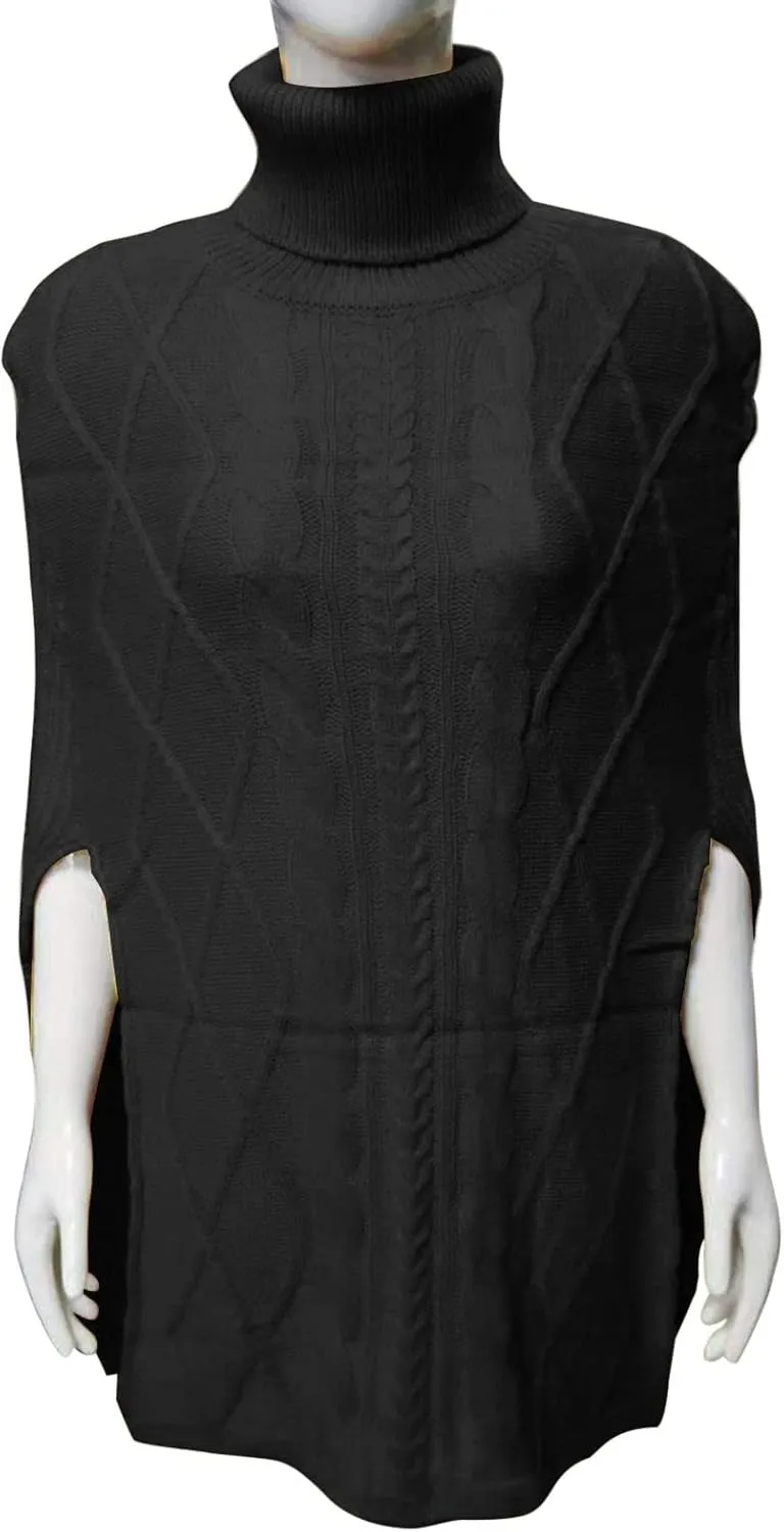 Womens 2023 Cable Knit Turtleneck Poncho Sweater Elegant Chunky Loose Cape Wrap Sweaters Pullover Chic Jumper Tops