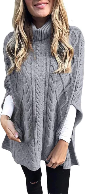 Womens 2023 Cable Knit Turtleneck Poncho Sweater Elegant Chunky Loose Cape Wrap Sweaters Pullover Chic Jumper Tops