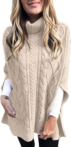 Womens 2023 Cable Knit Turtleneck Poncho Sweater Elegant Chunky Loose Cape Wrap Sweaters Pullover Chic Jumper Tops