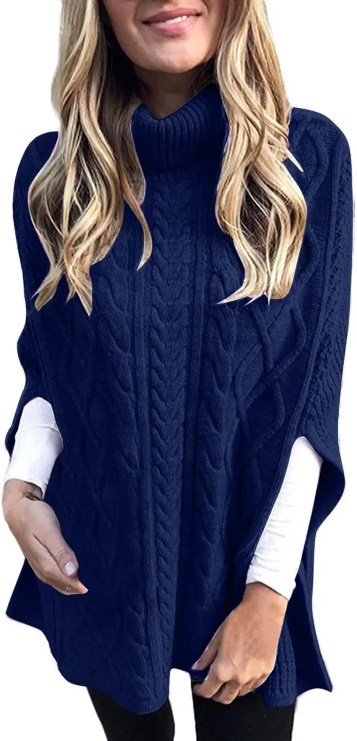 Womens 2023 Cable Knit Turtleneck Poncho Sweater Elegant Chunky Loose Cape Wrap Sweaters Pullover Chic Jumper Tops