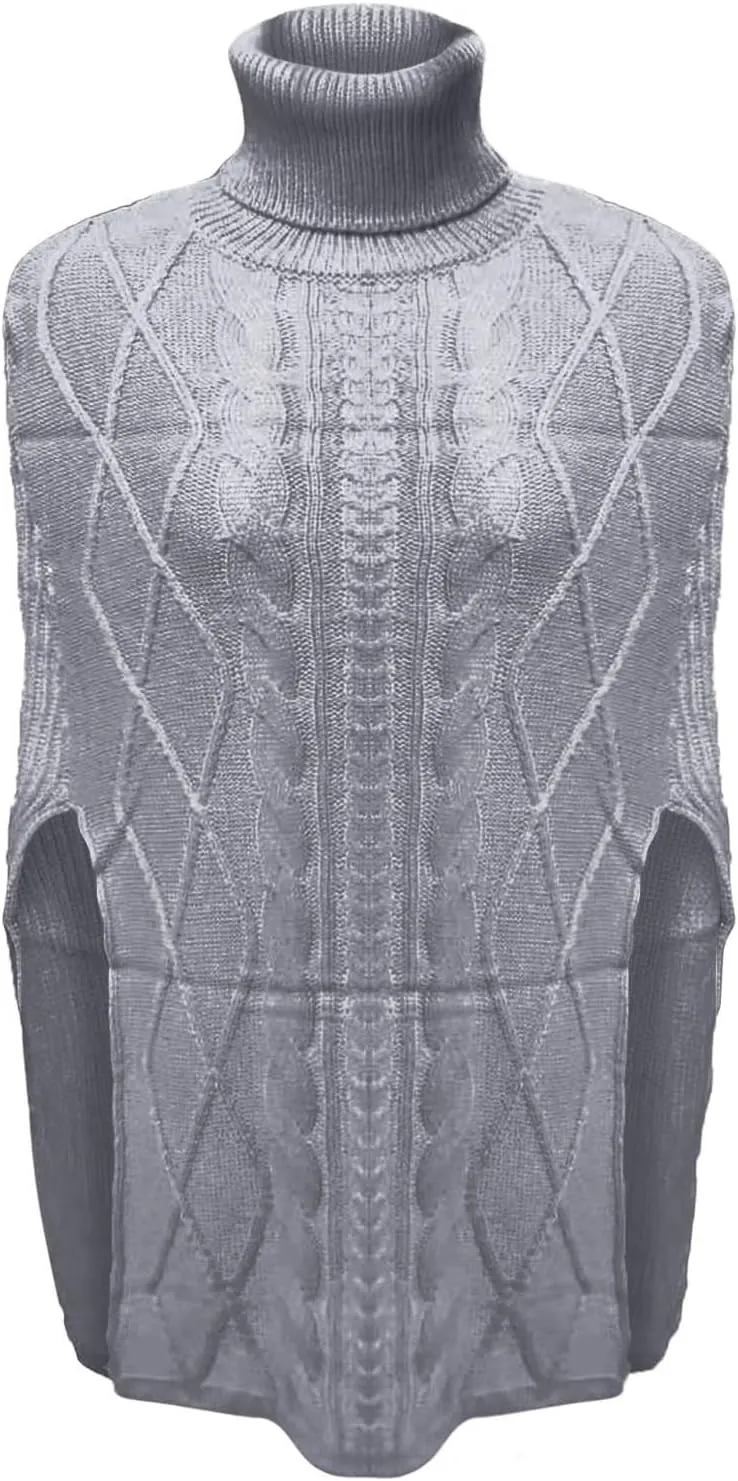 Womens 2023 Cable Knit Turtleneck Poncho Sweater Elegant Chunky Loose Cape Wrap Sweaters Pullover Chic Jumper Tops
