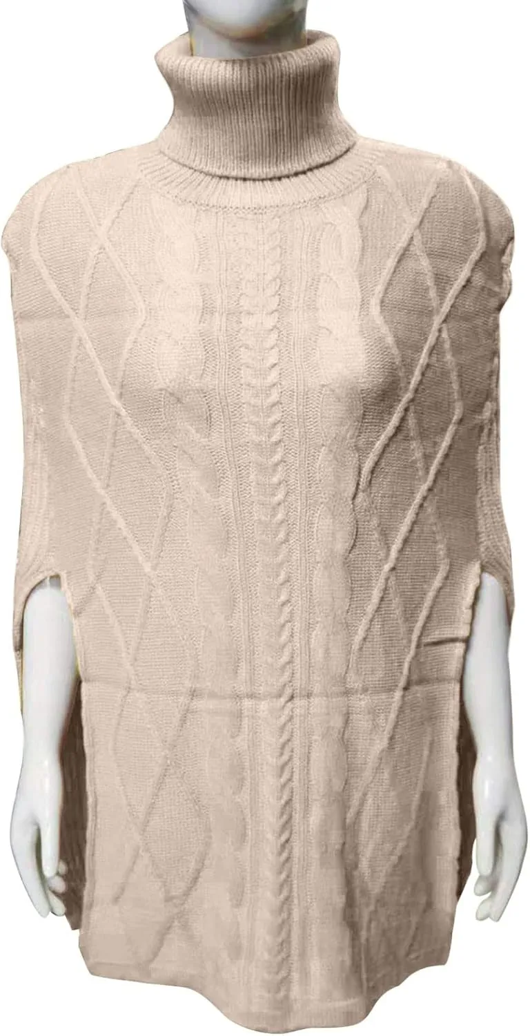 Womens 2023 Cable Knit Turtleneck Poncho Sweater Elegant Chunky Loose Cape Wrap Sweaters Pullover Chic Jumper Tops